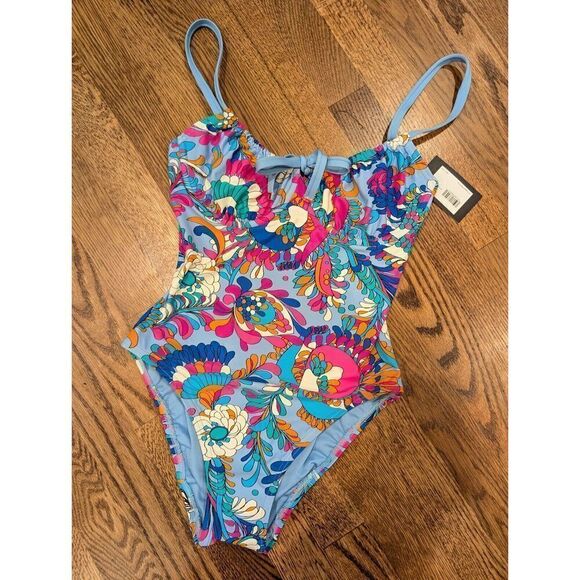 KATE SPADE Cinch Tie Front Soft Underwire Cups Swimsuit SPRING WATER/BLUE S $144 - Picture 12 of 16